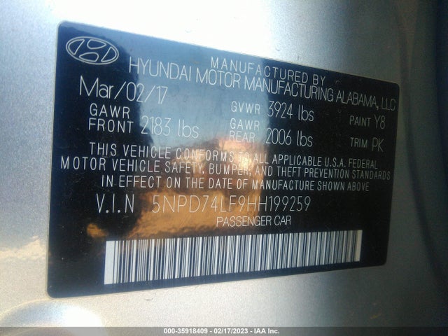 2017 HYUNDAI ELANTRA SE VIN: 5NPD74LF9HH199259