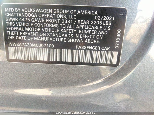 Volkswagen Passat 2.0t Se 2021 1VWSA7A33MC007100 Image 9