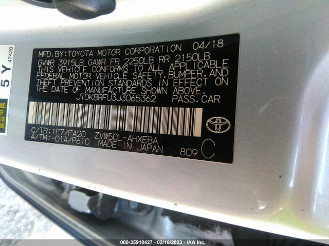 Toyota Prius Two/two Eco/three 2018 JTDKBRFU3J3065362 Image 10