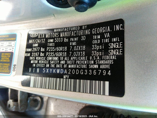 2013 KIA SORENTO SX VIN: 5XYKWDA20DG336794
