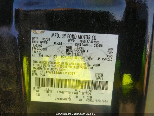 2008 FORD F-150 XLT/FX2/LARIAT VIN: 1FTPW12558FC12087