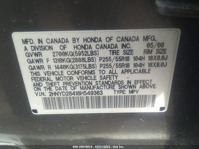 Acura Mdx Tech/entertainment Pkg 2008 2HNYD28418H549363 Image 11