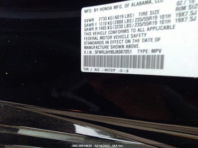 2018 HONDA ODYSSEY ELITE VIN: 5FNRL6H90JB087051
