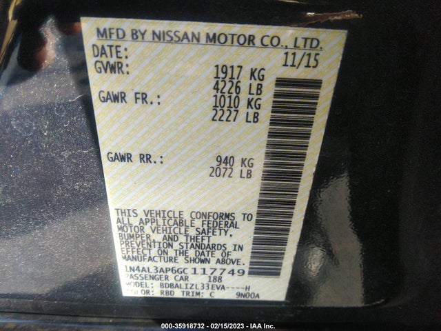 2016 NISSAN ALTIMA 2.5 SV VIN: 1N4AL3AP6GC117749