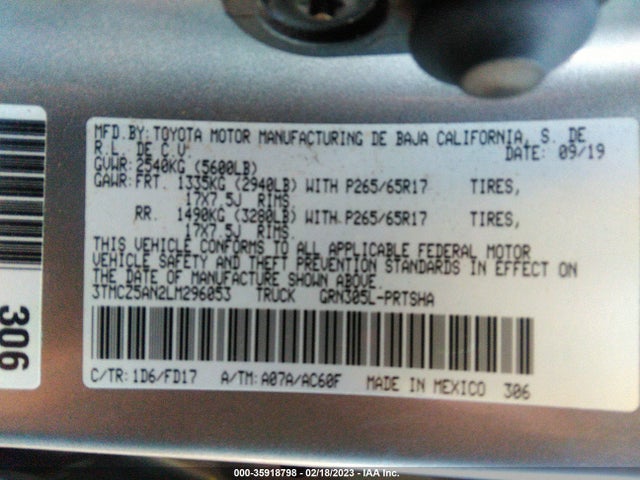 2020 TOYOTA TACOMA 4WD SR5/TRD SPORT VIN: 3TMCZ5AN2LM296053