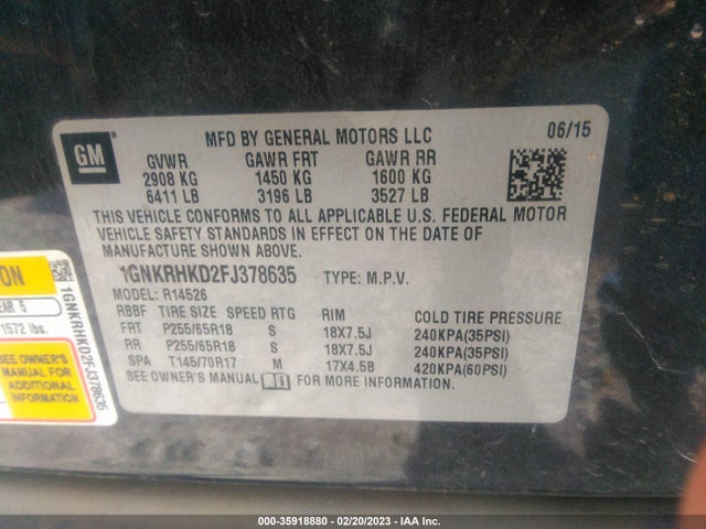 Chevrolet Traverse Lt 2015 1GNKRHKD2FJ378635 Image 10