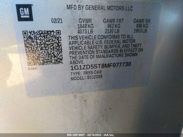 Chevrolet MALIBU LT 2021 1G1ZD5ST8MF077730 Image 9