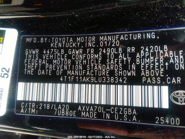 2020 Toyota Camry, VIN: 4T1F11AK9LU338342