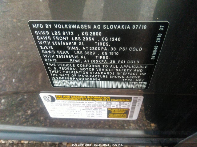 WVGFF9BP4BD000954 Volkswagen Touareg Sport