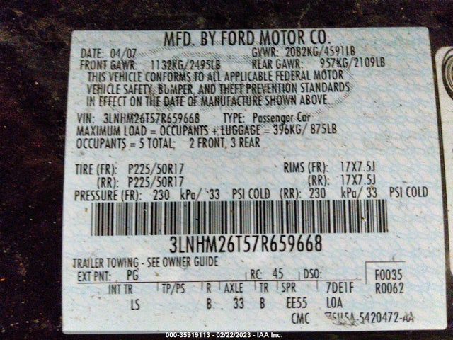 Lincoln MKZ 2007 3LNHM26T57R659668 Image 11