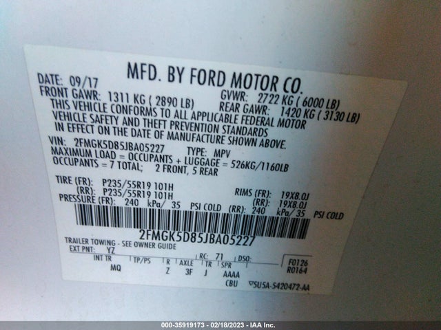 2018 FORD FLEX LIMITED VIN: 2FMGK5D85JBA05227