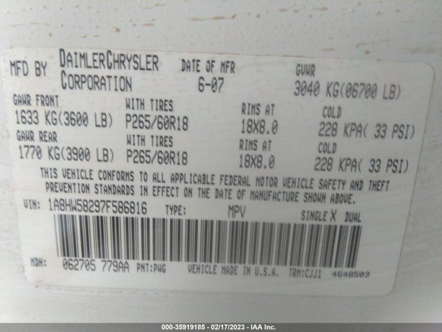 1A8HW58297F586816 Chrysler Aspen Limited
