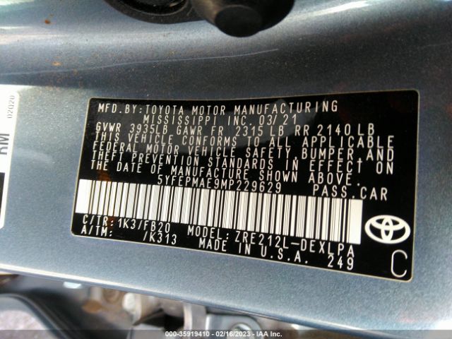 5YFEPMAE9MP229629 Toyota COROLLA LE