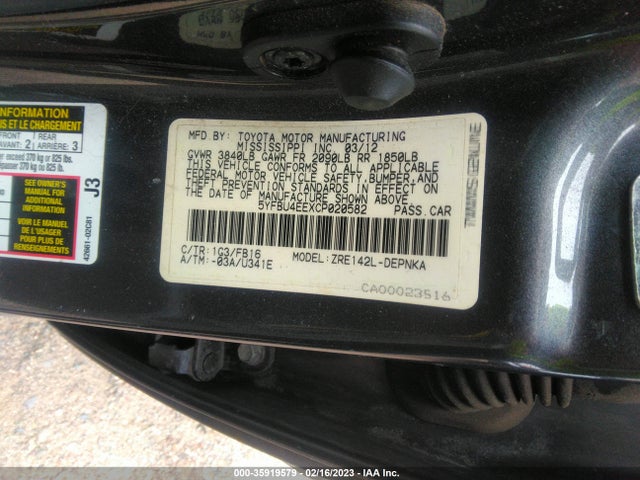 2012 TOYOTA COROLLA L/LE/S VIN: 5YFBU4EEXCP020582