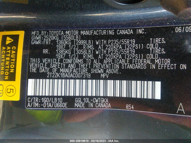 2T2ZK1BA0AC007319 Lexus RX 350