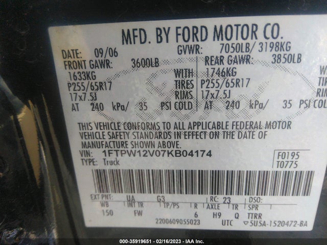 2007 FORD F-150 XLT/LARIAT/KING RANCH/FX2 VIN: 1FTPW12V07KB04174