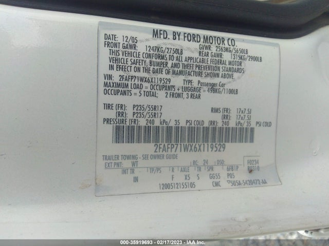 2006 FORD POLICE INTERCEPTOR BASE/BASE W VIN: 2FAFP71WX6X119529