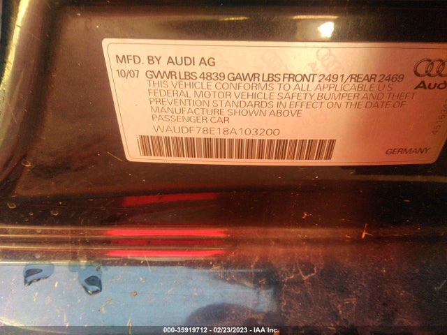 2008 AUDI A4 2.0T/SE 2.0T VIN: WAUDF78E18A103200
