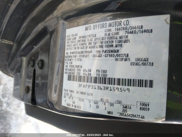 2003 FORD FOCUS ZX3 VIN: 3FAFP31363R159549