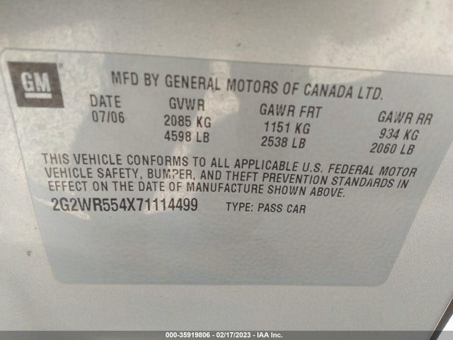 2007 PONTIAC GRAND PRIX GT VIN: 2G2WR554X71114499