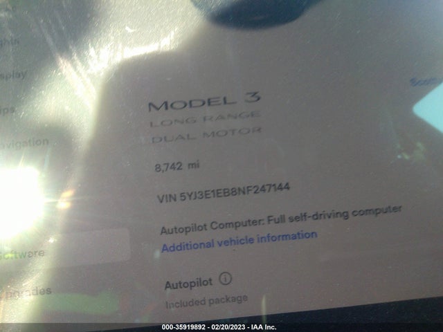 Tesla Model 3 Long Range 2022 5YJ3E1EB8NF247144 Image 7