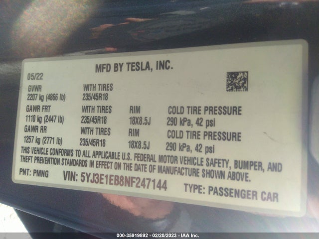 Tesla Model 3 Long Range 2022 5YJ3E1EB8NF247144 Image 9