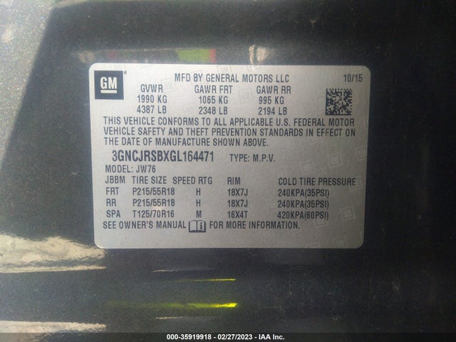 35919918 :رقم المزاد ، 3GNCJRSBXGL164471 vin ، 2016 Chevrolet Trax Ltz مزاد بيع