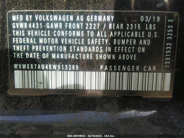 2019 Volkswagen Golf, VIN: WVWKR7AU4KW913269