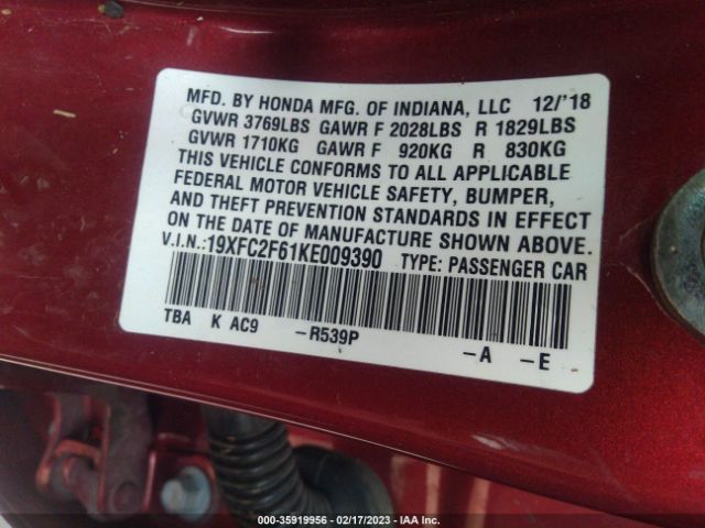 19XFC2F61KE009390 Honda Civic Sedan Lx