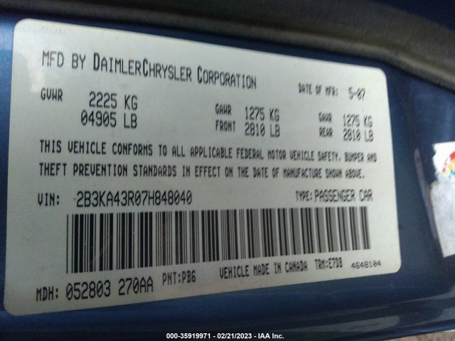 2007 DODGE CHARGER VIN: 2B3KA43R07H848040