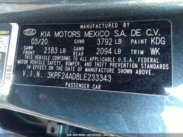 3KPF24AD8LE233343 KIA Forte Lxs