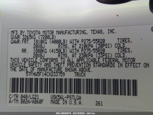 2012 TOYOTA TUNDRA 4WD TRUCK LTD VIN: 5TFHW5F14CX233759
