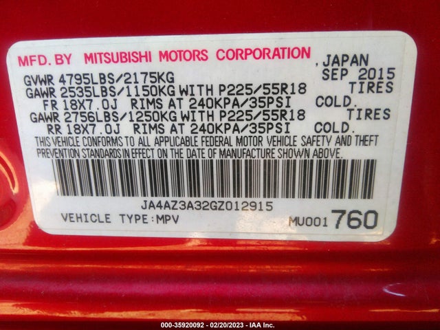 JA4AZ3A32GZ012915 Mitsubishi Outlander Se/sel/es