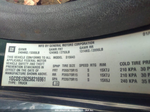 2005 CHEVROLET COLORADO 1SF LS Z71 VIN: 1GCDS136258216961