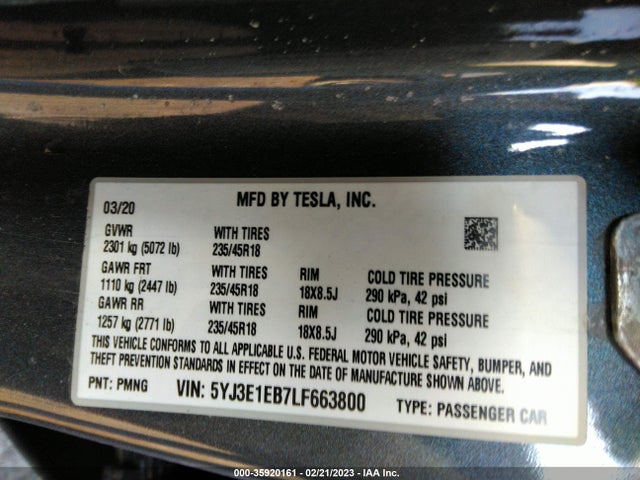 Tesla Model 3 Long Range 2020 5YJ3E1EB7LF663800 Image 9