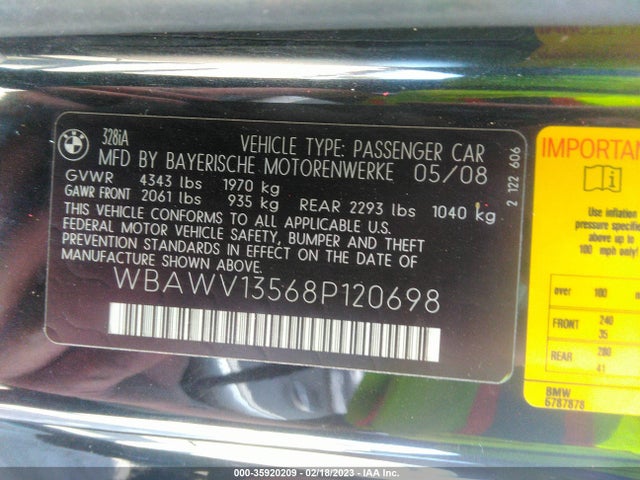 2008 BMW 3 SERIES 328I VIN: WBAWV13568P120698