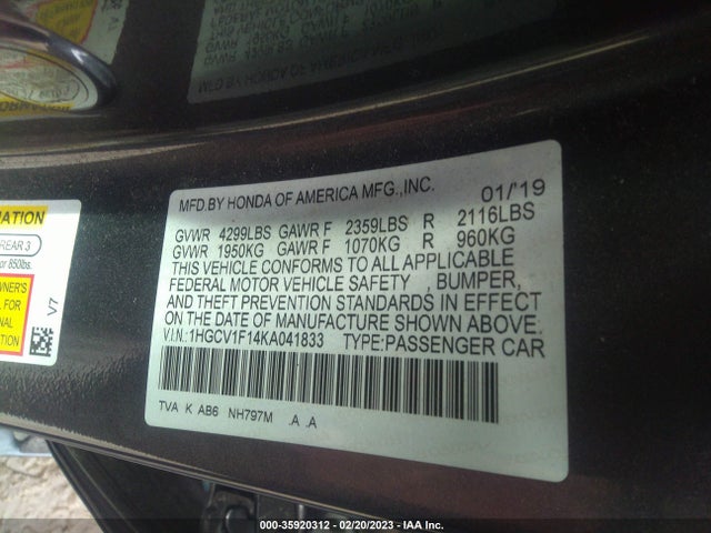 2019 Honda Accord, VIN: 1HGCV1F14KA041833