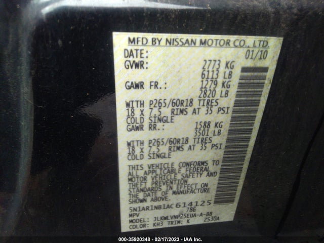 2010 NISSAN PATHFINDER LE VIN: 5N1AR1NB1AC614125