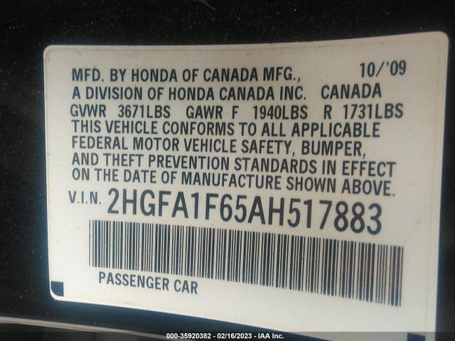 2010 HONDA CIVIC SDN LX-S VIN: 2HGFA1F65AH517883