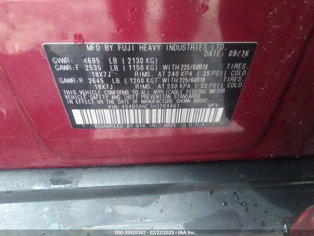 Subaru Outback Limited 2017 4S4BSANC3H3264461 Image 10