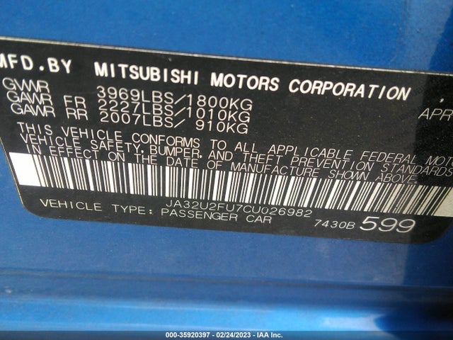2012 MITSUBISHI LANCER ES VIN: JA32U2FU7CU026982