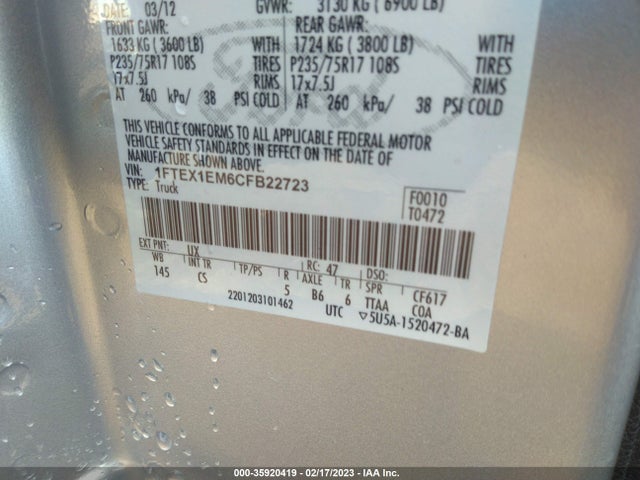 2012 FORD F-150 XL/STX/XLT VIN: 1FTEX1EM6CFB22723