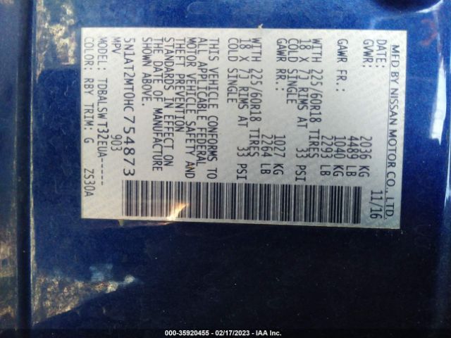 5N1AT2MT0HC754873 Nissan Rogue Sl