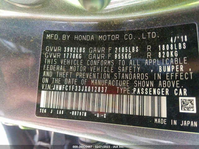 2018 Honda Civic, VIN: JHMFC1F33JX012837