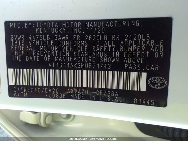 Toyota CAMRY SE 2021 4T1G11AK3MU521743 Image 10