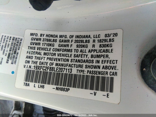 2020 HONDA CIVIC SEDAN SPORT VIN: 19XFC2F88LE207113