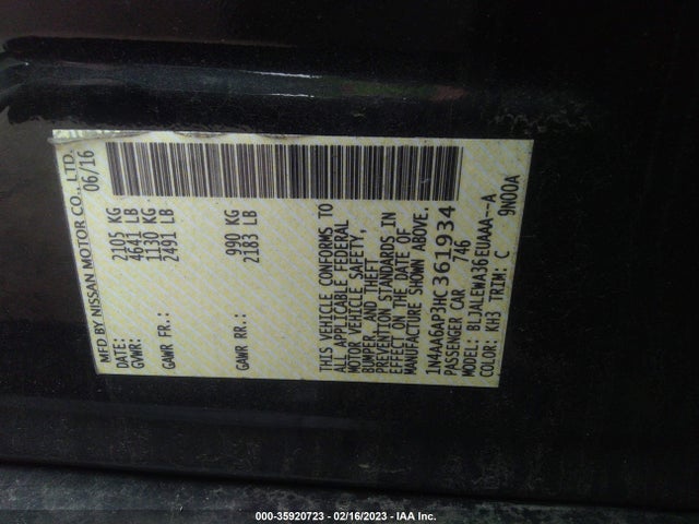 2017 NISSAN MAXIMA SL VIN: 1N4AA6AP3HC361934