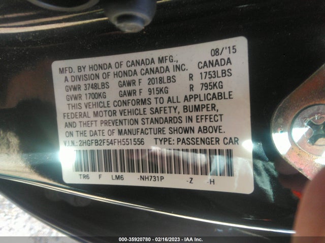 Honda Civic Sedan Lx 2015 2HGFB2F54FH551556 Image 9