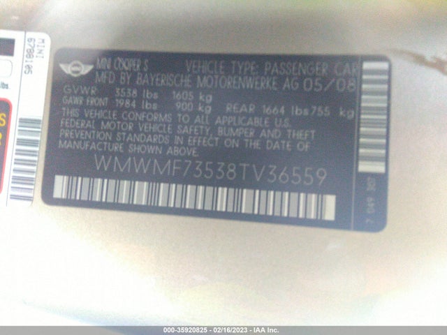 WMWMF73538TV36559 Mini Cooper Hardtop S