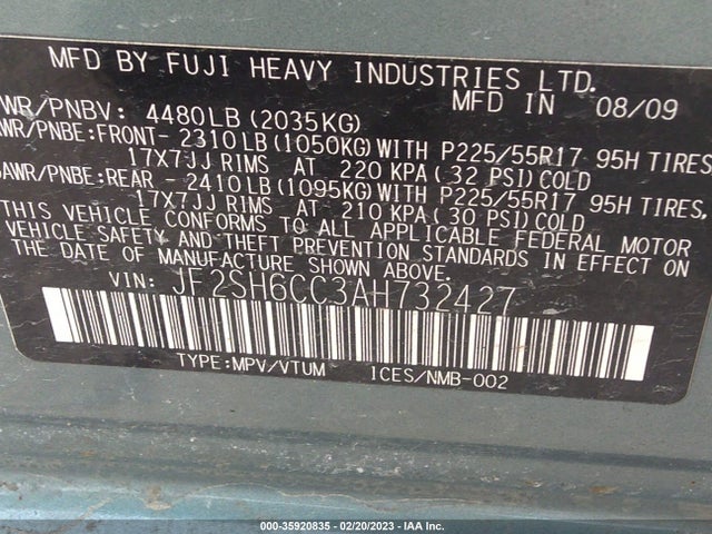 2010 SUBARU FORESTER 2.5X PREMIUM VIN: JF2SH6CC3AH732427
